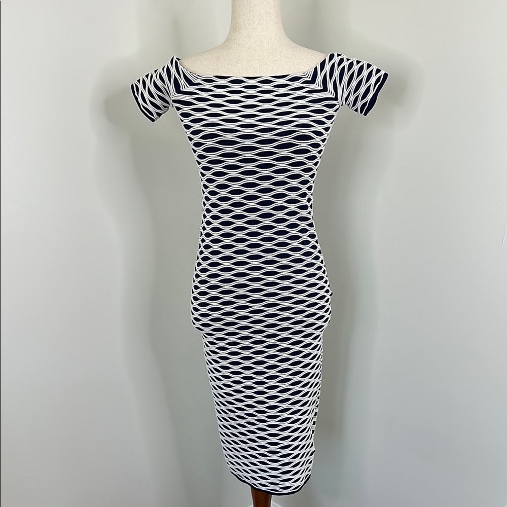 MICHAEL Michael Kors Navy and White Off-Shoulder Bodycon Midi Dress NWT